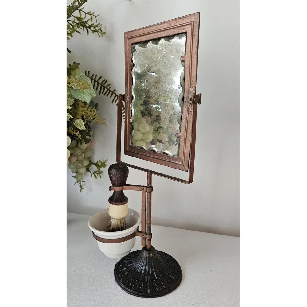 Antique Shaving Set Scalloped Edge Mirror Mug & Brush Holder Americana